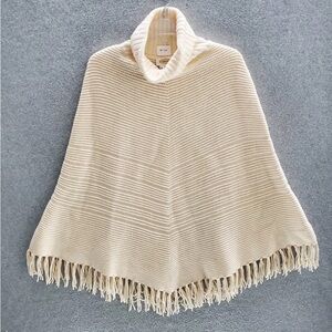 Vintage Talbots Cream Knit 100% Wool Poncho Cape Turtleneck with Fringe